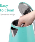 Turquoise electric kettle with BPA free no plastic contact stainless steel interior double wall for safe hot water.