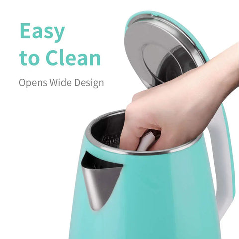 Turquoise electric kettle with BPA free no plastic contact stainless steel interior double wall for safe hot water.