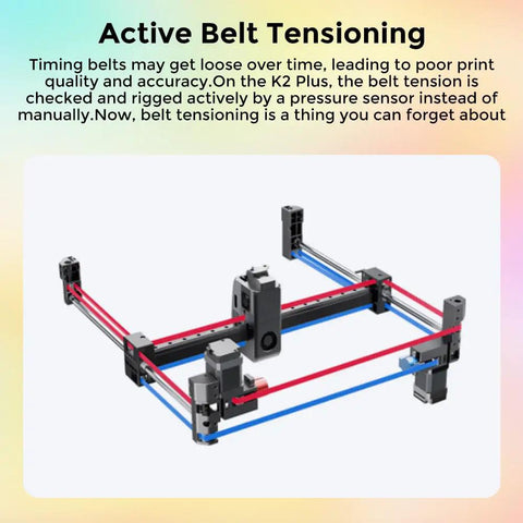 Active belt tensioning system of K2 Plus Combo 3D Printer With CFS Multi Color Printing Up To 16 Colors, showcasing pressure sensors.