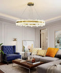 Modern LED Dimmable Pendant Lights With Brushed Gold Ring And Cut Crystal Glass For Dining Area Easy Setup Smooth Touch Control Top Tier Glow Sharp Style Indoor Hanging Fixture in stylish living room setting.