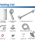 Packing list for 12 Inch High Pressure Rainfall Shower Head Handheld Combo with 5 settings, brass arm, stainless hose, accessories.