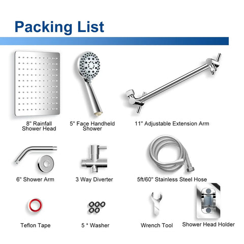 Packing list for 12 Inch High Pressure Rainfall Shower Head Handheld Combo with 5 settings, brass arm, stainless hose, accessories.