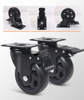 Heavy Duty 3 Inch Caster Wheels Set Of 4 With Swivel Brakes Handles 1100 Pounds showing black PVC wheels and mounting plates.