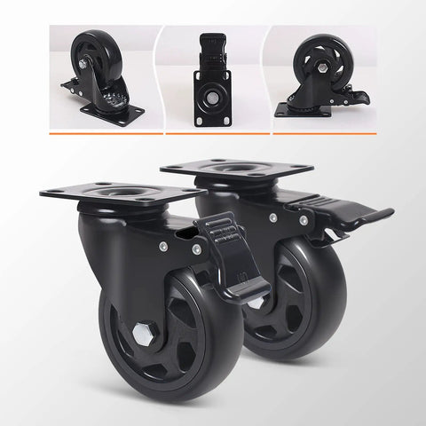 Heavy Duty 3 Inch Caster Wheels Set Of 4 With Swivel Brakes Handles 1100 Pounds showing black PVC wheels and mounting plates.