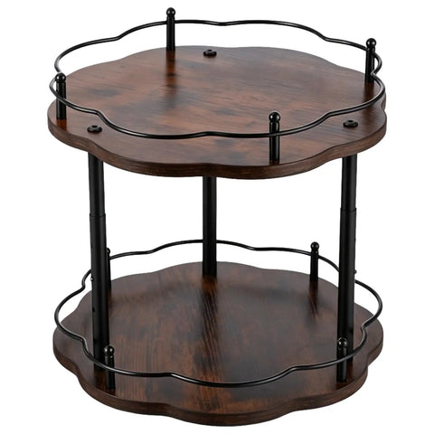Wood Double Tier Lazy Susan Organizer For Kitchen And Pantry 12.99 Inch Rotating Turntable With Adjustable Upper Tray 360 Degree Spin