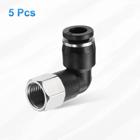 Five Pack Pro Grade Pneumatic Female Elbow Fittings One Quarter Inch Tube Outer Diameter By One Eighth Inch NPT 90 Degree Push To Connect