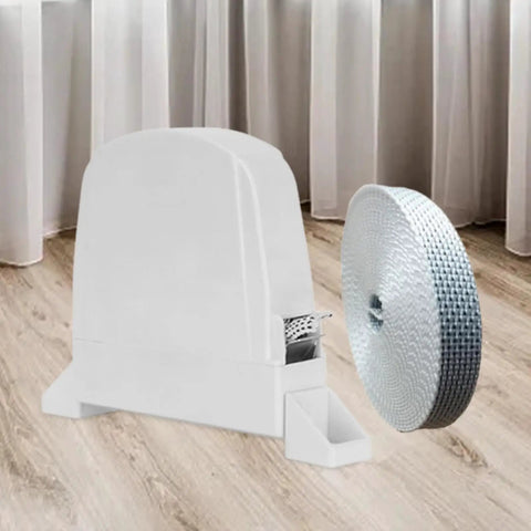 Heavy Duty Screw On Belt Winder For Roller Shutters with white cord and compact design on wooden floor.