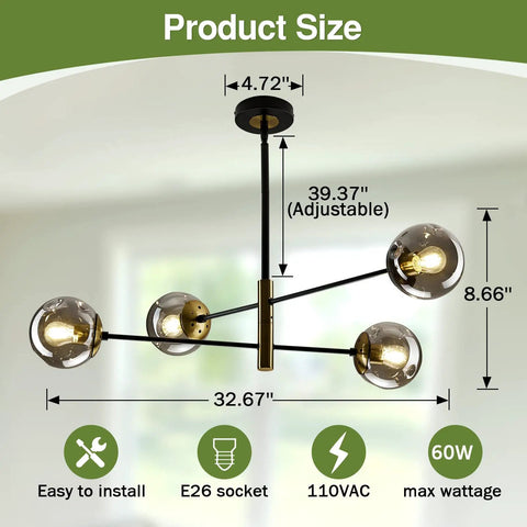 Vintage Farmhouse 4 Light Metal Chandelier With Dope Black Glass Globes Overhead Ceiling Light Fixture adjustable size diagram