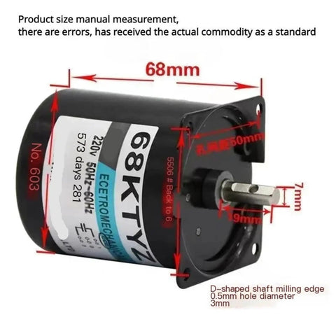 Front view of 28W 220V Small AC Motor with Low Speed Reversible Permanent Magnet Synchronous Drive, dimensions labeled