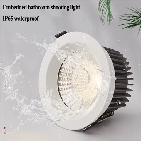 12 Pack IP65 Waterproof LED Downlights With Slick Recessed Baffle Trim Sweet Eyeball Adjustability Deep Anti Glare Cob Spotlight For Kitchens Bathrooms And Humid Rooms showing a waterproof bathroom light with sleek design.