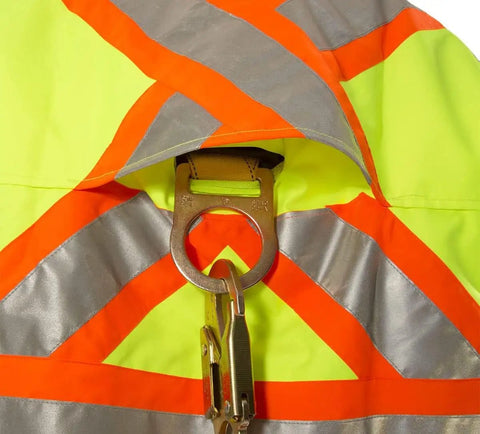 Back view of High Visibility Jacket With Detachable Hood For Outdoor Work Extra Large Fluorescent Yellow Green And Black ANSI ISEA 107