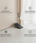 Stainless Steel Door Stopper Wedge With Rubber Base For Heavy Duty Indoor Use shown holding a door open on a smooth floor.