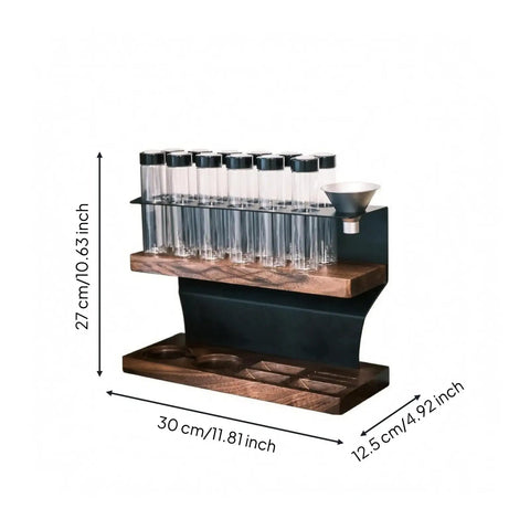Premium Two Tier Coffee Bean Storage Rack With Wooden Base And Twelve Clear Glass Jars Featuring Air Release Vents For Crisp Freshness And Top Shelf Kitchen Counter Organization Straight Fire Setup dimensions labeled on image.