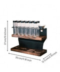 Heavy Hitter Coffee Bean Storage Rack With Twelve Clear Glass Bottles And Solid Wood Base, measuring 30x12.5x27 cm.