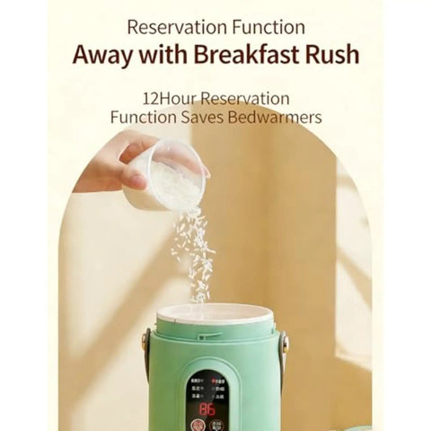 Portable 500W Electric Cooker With Ceramic Glaze Inner, Built-In Steamer, 12-Hour Timer, Green, rice pour demonstration