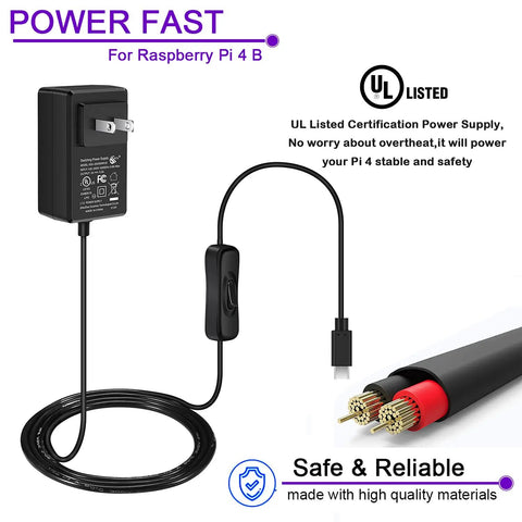 20W USB-C Power Supply for Raspberry Pi 4 With 5V 4A Output, Built In On Off Switch, 5ft Cable, UL Listed, Reliable PD Charger