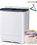 Compact Portable Twin Tub Washer Thirty Two Pounds Semi Auto Model with drying rack and colorful laundry basket.