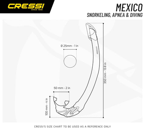 Dimensions of Mexico Semi Dry Snorkel for Adults With Anti Splash Valve featuring size specifications and design profile.