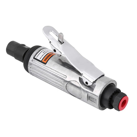 Heavy Duty No Nonsense Pneumatic Air Die Grinder With 1/4 Inch Shank And 23000 Rpm, silver alloy body with clip and black accents.