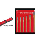 Solid 6Pcs Center Punch And Chisel Kit For Metal DIY Pros Includes Flat Masonry Chisels Precision Tools With Tough Steel Build You Need For Heavy Duty Projects That Get The Job Done Right. six chisels in red storage pouch