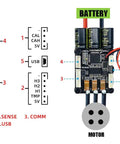 Diagram of Electric Skateboard Speed Controller FSESC67 70A showing connections and components with annotations.
