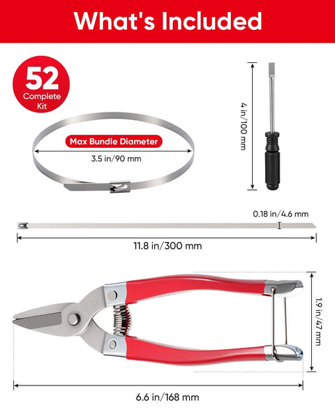 52-Piece 304 Stainless Steel Zip Tie Kit With Unlock Tool And Industrial Scissors, 11.8 Inch Self-Locking Cable Ties, dimensions shown.