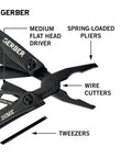 Close-up of Mini 12-In-1 EDC Multitool with needle nose pliers, wire cutters, tweezers, and medium flat head driver in black.