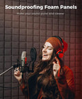 Game Changing High Density Acoustic Sound Foam Panels 12 Pack For Home Recording Studios And Apartment Walls with a singer in a recording booth.