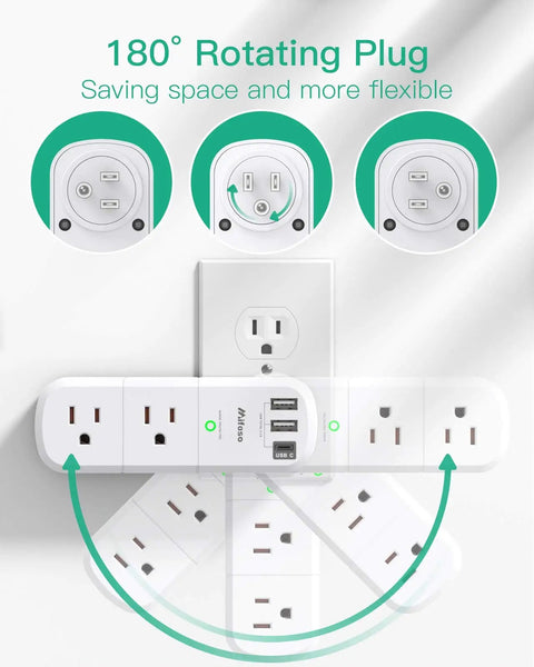 Rotating Plug Outlet Extender With Surge Protector 1800 Joules, 6 AC Outlets And 3 USB Ports USB-C Fast Charge, 3-Sided Swivel Power Strip For Home Travel Dorm Room Essentials