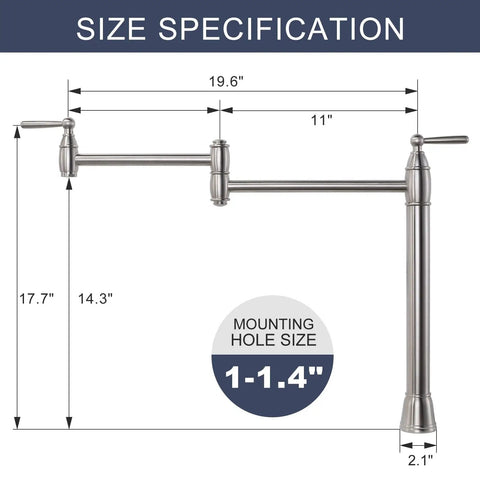 Size specifications of Pot Filler Deck Mount Kitchen Faucet in Brushed Nickel, Folding 2-Handle Design with Stretchable Double-Joint Swing Arms