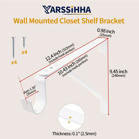 Heavy Duty Adjustable Closet Rod Brackets Two Pack Wall Mounted White Shelf Support dimensions and screws diagram.