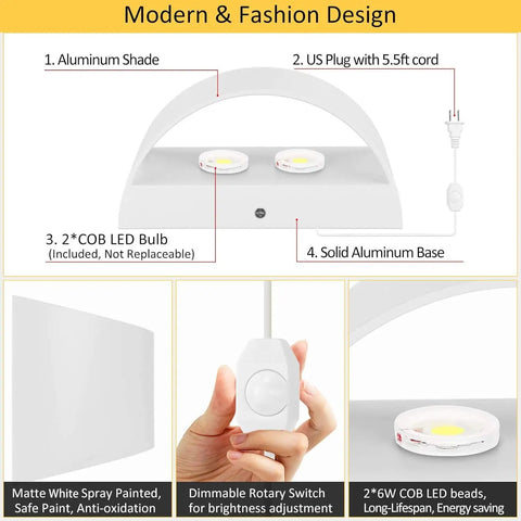 Diagram of 12W Plug-In LED Wall Sconce with dimmable up-down lighting, aluminum shade, rotary switch, and COB LED bulbs.