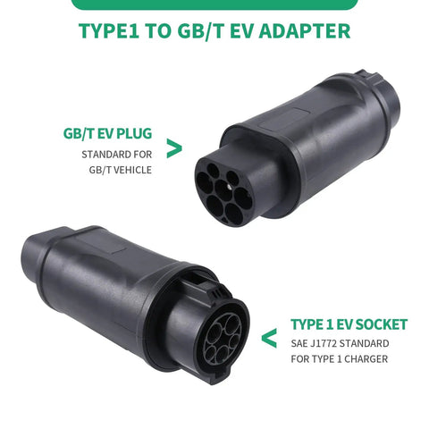 Premium Grade Type One To Gbt Ev Charging Adapter Sae J1772 To China Standard Connector 32A 7.2Kw showing Type 1 EV plug and GB/T EV socket.