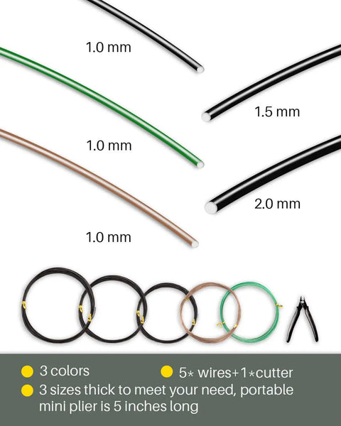Five Piece Pro Grade Bonsai Wire and Tool Kit With 164 Feet Aluminum Wire In 1mm 1.5mm and 2mm For Easy Bend Indoor Bonsai Trees Rust Resistant Coils In Black Green and Brown Includes Handy Tools