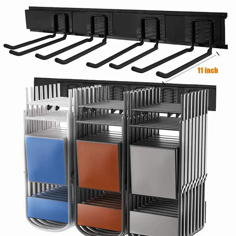 Heavy Duty Steel Garage Wall Mount Tool Organizer with 8 mixed hooks holding folding chairs