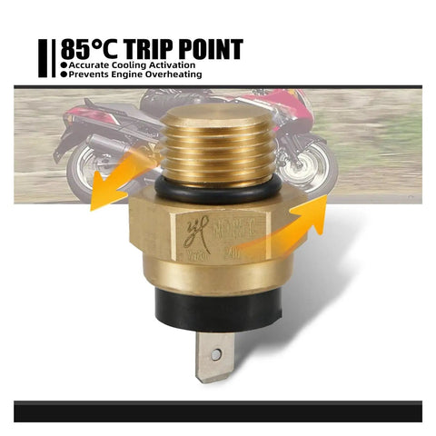 Motorcycle Radiator Fan Temp Switch For Honda VT750 Shadow Aero Ace VLX 600 750 1991 To 2009 with 85°C trip point and brass construction.