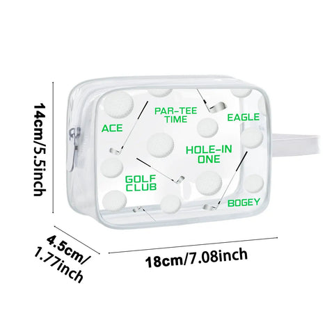 16 Pack Clear PVC Zip Pouch Bags For Travel And Everyday Use showing golf-themed design, dimensions 18cm x 14cm x 4.5cm