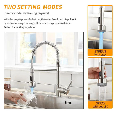 LED Light Kitchen Faucet With Pull Down Sprayer Dope Style Sus304 Stainless Steel Industrial Single Handle Brushed Nickel Finish For Farmhouse Campers RVs Laundry Utility And Wet Bar Sinks in use with stream and spray modes.