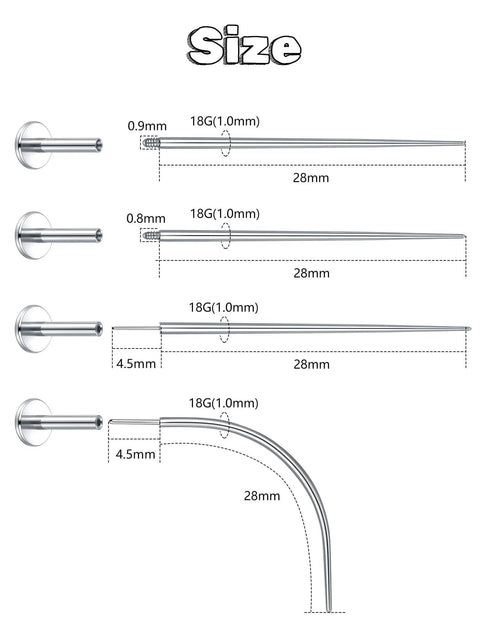 18 Gauge Piercing Taper Kit with mixed threadless and threaded insertion tapers, 28 mm length, stainless steel, size chart