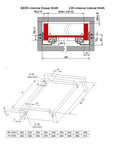Rock Solid Undermount Drawer Slides With Press To Open Tap Action and Whisper Quiet Ball Bearing Runners For Kitchen Upgrades Plus Custom Furniture Projects Heavy Duty One Hundred Ten Pound Rating In Glossy Silver Finish detailed dimensions and design diagram.