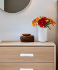 White Glossy Ceramic Cabinet Pulls Arch Shaped 4 Pack Dresser Knobs With 3.03 Inch Hole Centers on wooden dresser, modern decor