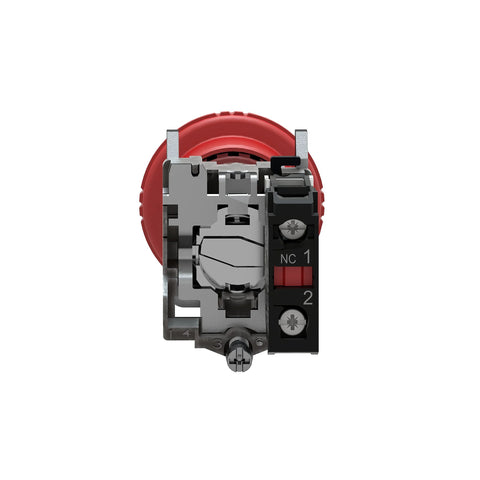 Schneider Electric XB4BS8442 emergency stop push button, red actuator, chrome bezel, 22mm mounting, 1NC