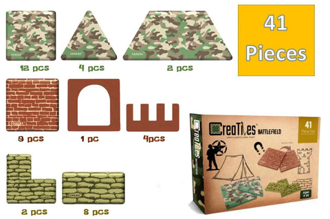 Military Battlefield Base Magnetic Tiles Building Blocks Army War Themed Playset box with camo tiles and package content display