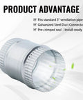 Beefy 3-Inch Round Galvanized Steel Duct Connector For Dryer Vents And HVAC Ducting, Metal Vent Pipe Coupler For Straight Connections, Durable Corrosion-Resistant Ducting Fitting, 3-inch connector with pre-crimped seal
