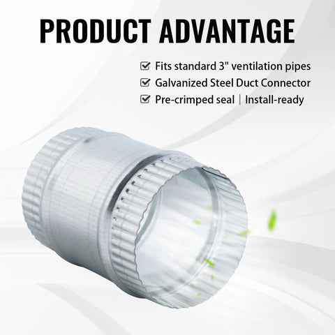 Beefy 3-Inch Round Galvanized Steel Duct Connector For Dryer Vents And HVAC Ducting, Metal Vent Pipe Coupler For Straight Connections, Durable Corrosion-Resistant Ducting Fitting, 3-inch connector with pre-crimped seal