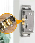 Close-up of Double Roller Catch Stainless Steel Door Latch Touch Type Anti Riot Lock for Cabinets. Focus on internal mechanism.
