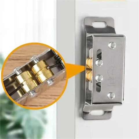 Close-up of Double Roller Catch Stainless Steel Door Latch Touch Type Anti Riot Lock for Cabinets. Focus on internal mechanism.