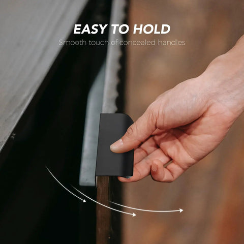 Close-up of hand using 10 Pack Finger Edge Pulls For Cabinets Matte Black Grab Friendly Concealed Drawer Handles with Tab Design