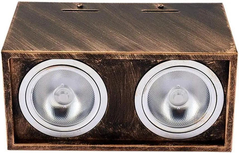 iumLeap Recessed Lighting Housing Trim Kits Wall Mounted Downlights Square Spotlights Led Ceiling Light Ceiling Double Head Light s Retro Vintage Downlight 360°, White Light_7w with dark bronze finish and two round LED lights.