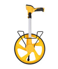 Premium Telescopic Digital Measuring Wheel With Backlit LCD Screen And Roll Tracker For Massive Distance Projects Achieving Sick Precision Up To 100000 Ft With Easy Metric Imperial Switches And Reliable Memory Storage, front view with yellow wheel and handle.